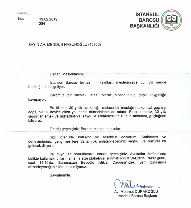 Meslekte 30. yıl onur belgesi